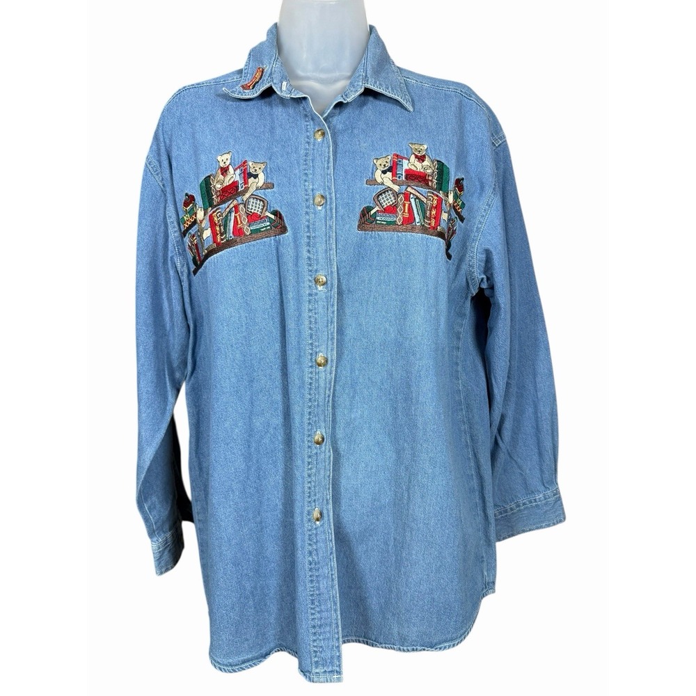 Let's Quizz Again M Denim Shirt Embroidered Teddy Bears Bookshelf 90s Teacher‎